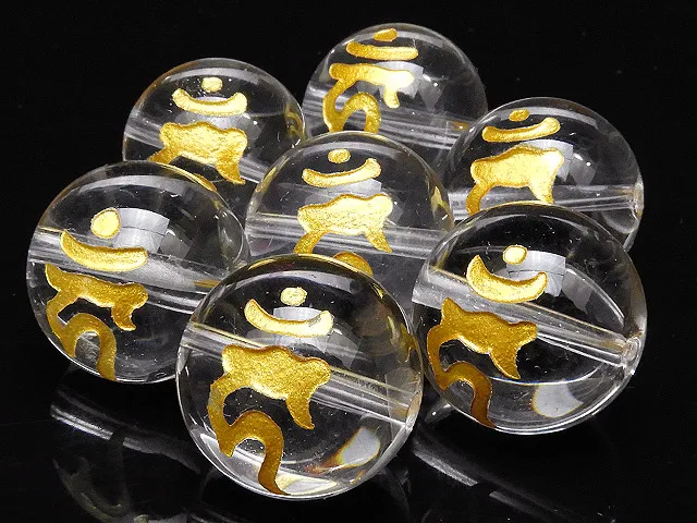 【粒販売】梵字（カーン）金色彫刻 天然水晶 クリスタルクォーツ 丸玉 16mm【4粒販売】