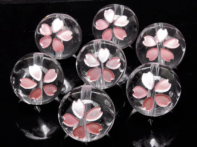 【粒販売】天然水晶 クリスタルクォーツ 桜 ピンク色彫刻 丸玉 12mm【3粒販売】