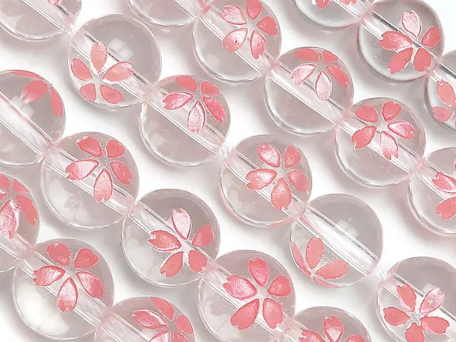 天然水晶 クリスタルクォーツ 桜 ピンク色彫刻 丸玉 10mm【1連販売】