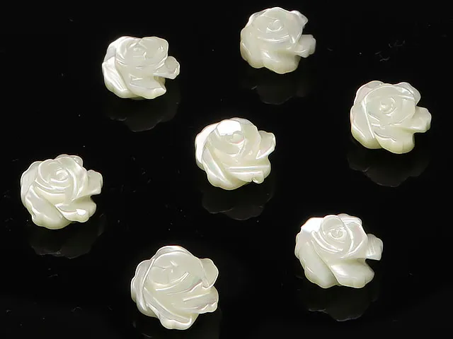 【粒販売】マザーオブパール ホワイト 薔薇彫刻 8×5mm【4粒販売】
