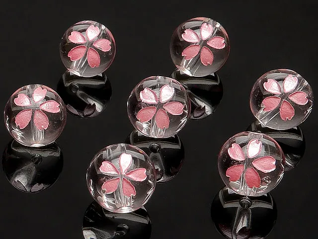 【粒販売】天然水晶 クリスタルクォーツ 桜 ピンク色彫刻 丸玉 8mm【4粒販売】